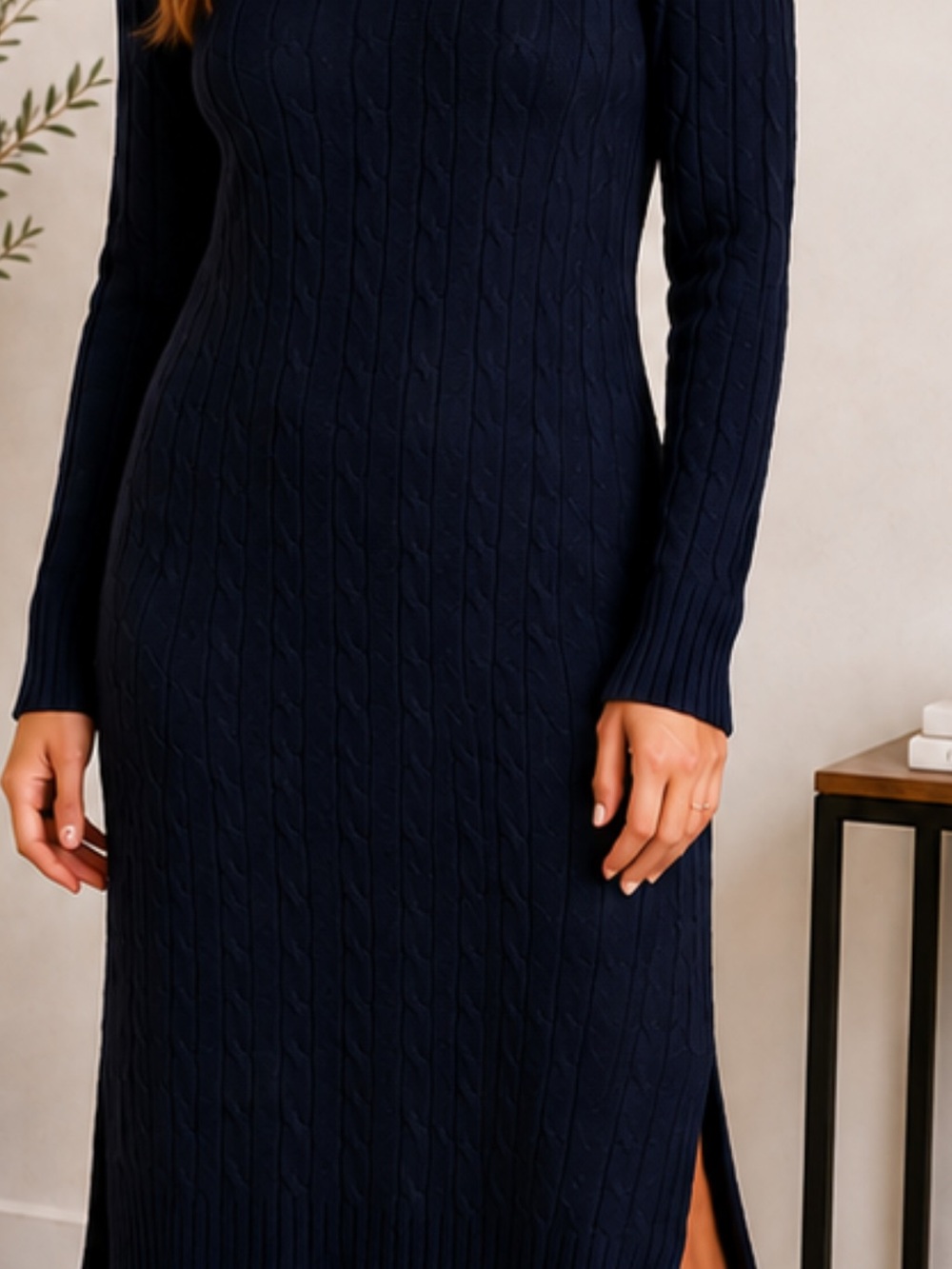Polo Ralph Lauren Cable Knit Sweater Dress Navy M Wool Cashmere Turtleneck